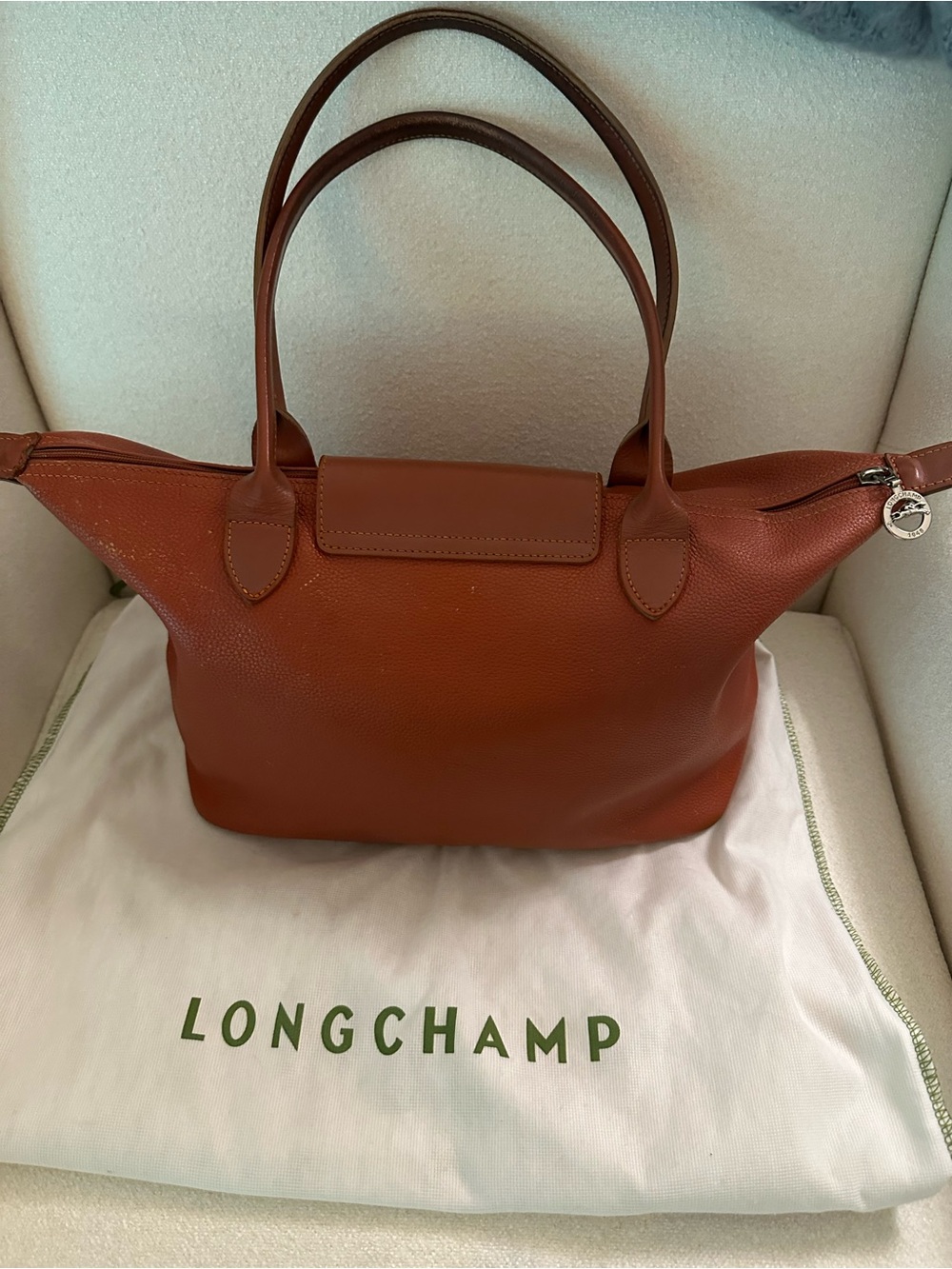 Vintage Longchamp Orange Leather Pliage Tote Bag and Dust Bag - Picture 2 of 11